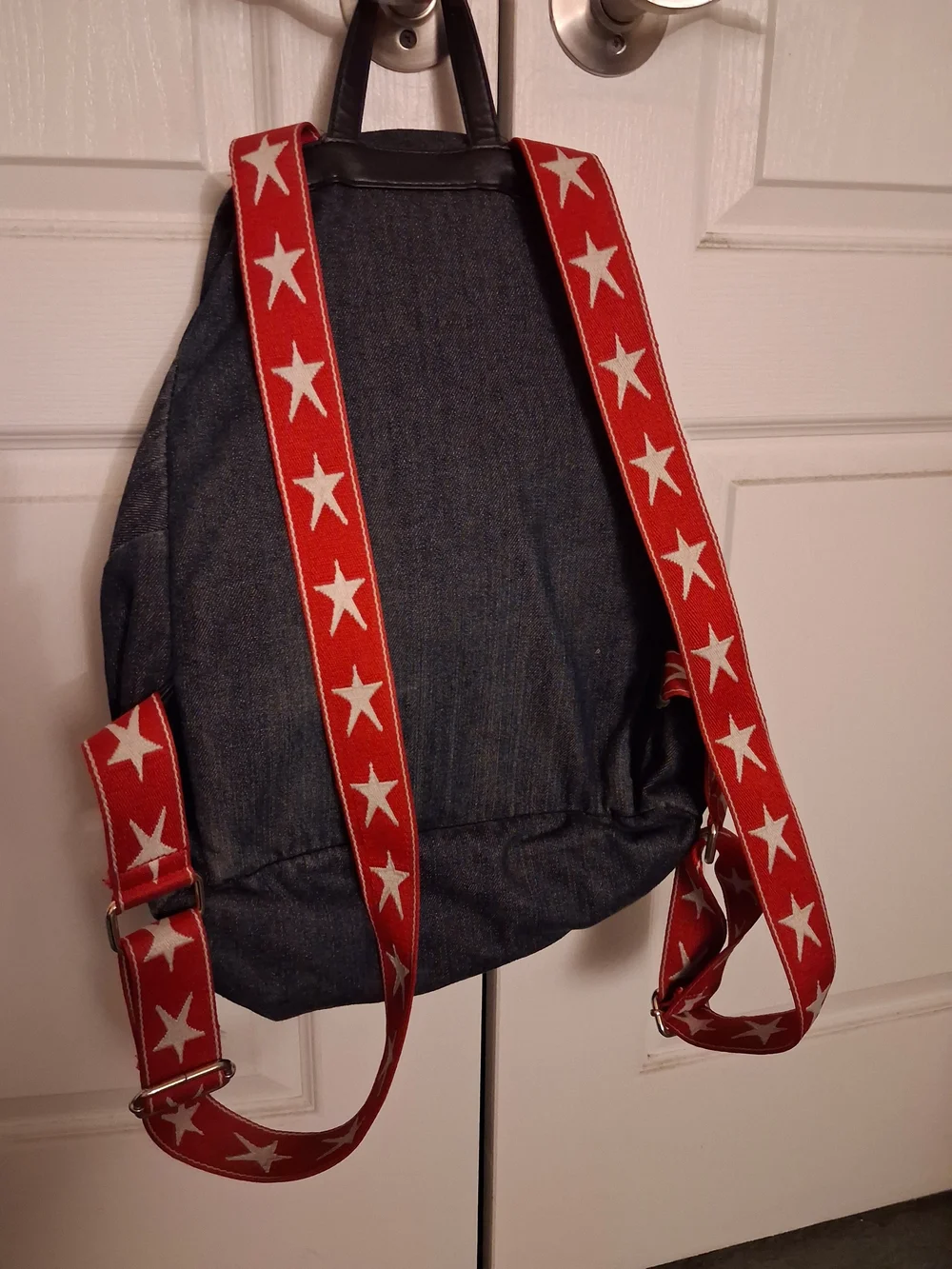 GUESS Denim Backpack in Dark Blue with Red Star-Print Straps